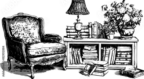 Vintage furniture set including a chair, lamp, table, books, and flowers. Detailed hand-drawn vector illustration.