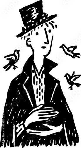 Man silhouette with a hat and birds. Hand-drawn outline vector illustration displaying a simple character design.