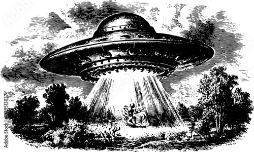 UFO silhouette in engraving style. Vector illustration depicting an alien abduction scene with trees and light beams, perfect for artistic use.
