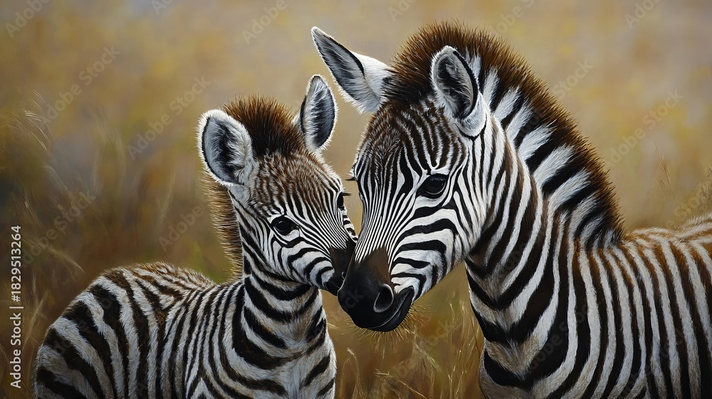 Fototapeta premium Gentle mother zebra nuzzling her newborn foal in natural savannah habitat