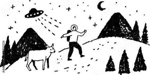 Astronaut silhouette in a hand-drawn style with a cow, mountains, and UFO in the background. Black outline vector illustration set in the night.
