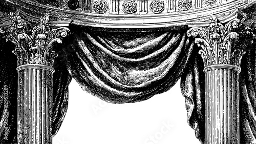 Classical column and curtain with detailed engraving. Antique architecture with ornate capitals, vintage style vector illustration.