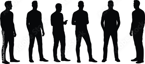 Set of Six Adult Men Silhouettes in Casual Poses: Full-Body Vector Figures Standing and Posing, Ideal for People and Urban Lifestyle Concepts