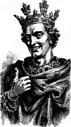 King silhouette engraving with a detailed crown. Antique vector illustration showcasing a regal character in vintage style.