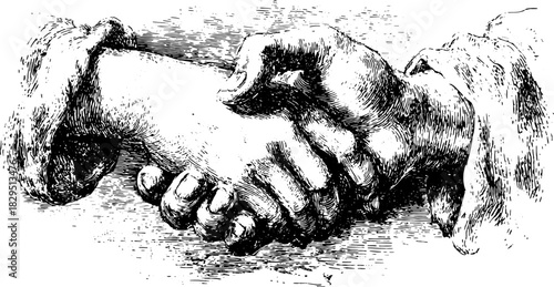Handshake illustration in antique engraving style. Black outline with detailed texture, this vintage vector illustration represents partnership and collaboration.
