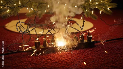 An overloaded power strip sparks and smokes beneath a christmas tree, creating a hazardous situation. sparks and smoke highlight electrical safety during holiday celebrations.