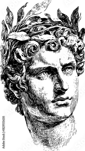 Antique engraving of a classic figure in black and white. Detailed vector illustration showcasing historical craftsmanship in an artistic style.