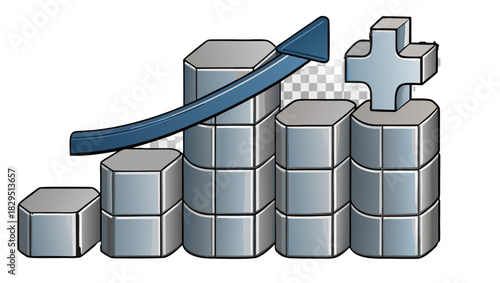 Growing bar chart with upward arrow and plus symbol