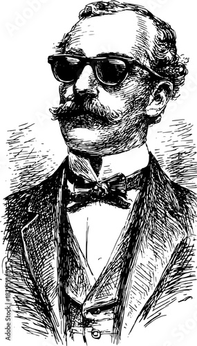 Vintage man with sunglasses and mustache in a hand-drawn illustration style. Detailed black and white vector drawing of a dapper gentleman set.