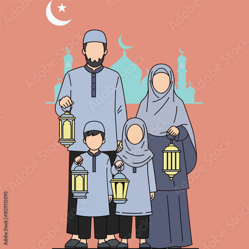 Muslim family celebrating Ramadan with lanterns in front of mosque illustration