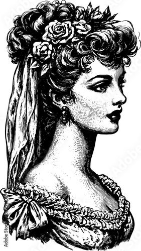 Antique engraving of a woman?s profile. Detailed floral elements and elegant hairstyle in vintage vector illustration.