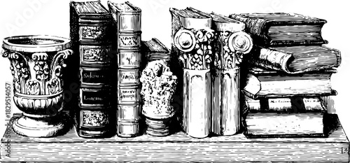 Vintage engraving of a book set with decorative pottery cup. Hand-drawn vector illustration showcasing classic literature.