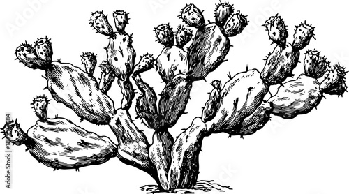 Cactus plant in black and white outline style. Vintage vector illustration featuring detailed engravings of various succulent shapes.
