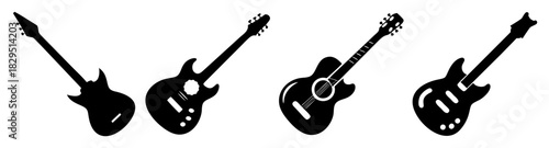 Four guitar silhouettes in black and white showing different guitar types and orientations on white background