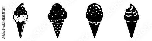 Illustration of four black and white ice cream cones with dripping toppings in a row design element