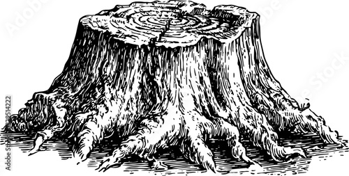 Tree stump with visible roots and annual rings in vintage sketch style. Detailed black and white vector illustration.