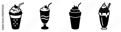 A collection of four stylized black and white ice cream cones with various toppings and designs