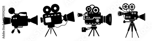 Four vintage movie cameras in black silhouette standing on tripods against a white background studio setup