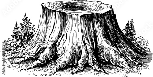 Tree stump with visible roots in a forest landscape. Monochrome vintage vector illustration with detailed engraving style.