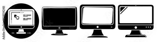 Four stylized computer monitors in black and white showing different screen displays and stands design