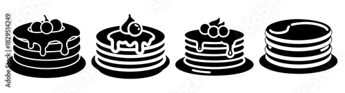 Four stylized black and white pancake stacks with dripping toppings and round shapes design element