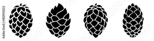 Illustration of four black hop cones with varying shapes on a white background design element