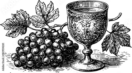Vintage black and white engraving of grapes and a cup. Detailed vector illustration suitable for classic botanical art or wine-themed decor.
