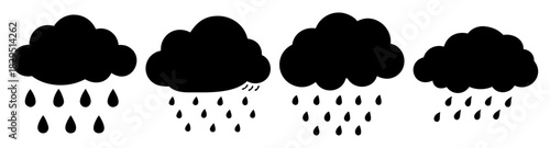 Illustration of four stylized black rain clouds with rain drops on a white background weather concept