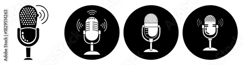 Illustrations of vintage microphones in black and white with sound waves and oval backgrounds design
