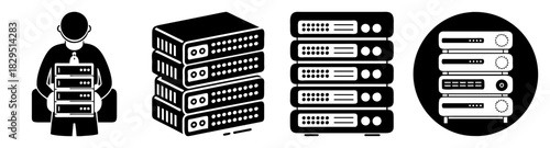Illustration of a person holding servers and multiple server stacks in various styles and shapes