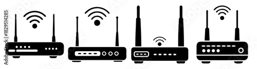 Four black wireless routers with antennas emitting wifi signals in a vector illustration style image