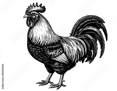 illustration hand-drawn rooster black and white