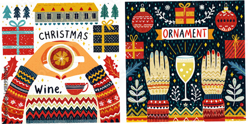 Festive christmas and new year celebration with wine and ornaments illustration