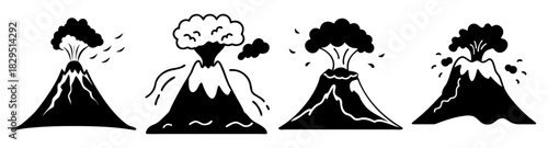 Four cartoon volcanoes erupting with ash and smoke in a black and white illustration style image format