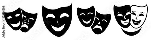 Illustration of theatrical masks depicting various emotions and expressions in black and white design