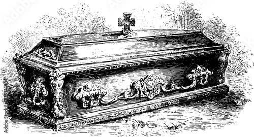 Vintage coffin with cross, decorated in ornate style. Black and white vector illustration reflecting funerary traditions.