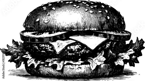 Vintage black and white burger outline illustration. Classic sandwich vector drawing with cheese, lettuce, and tomato elements set.