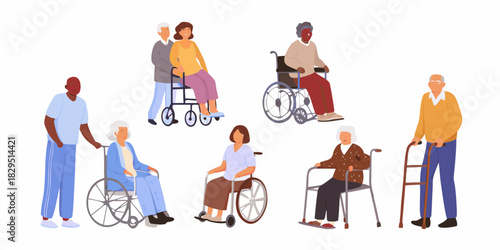 Diverse group of elderly people with mobility issues and medical care