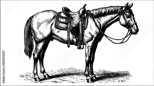 Vintage outline of a horse with saddle in black and white. Realistic details illustrated in a vector style.