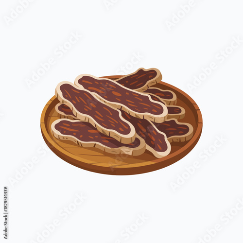  a vector illustration of bacon slices on a wooden plate. 