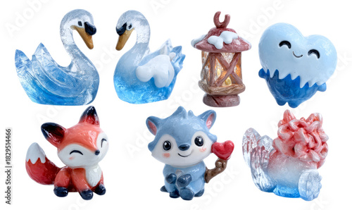 Festive Translucent Crystal Figurines in Icy Colors Against a Transparent Background