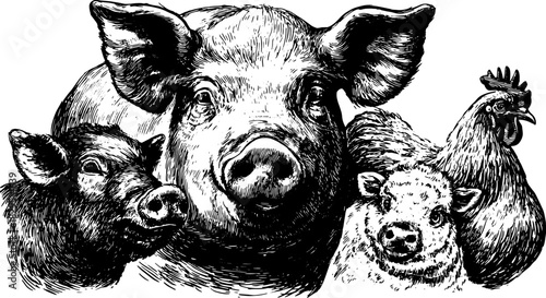 Set of farm animals including pig, chicken, and cow portrayed in vintage linear style. Black and white handdrawn vector illustration.