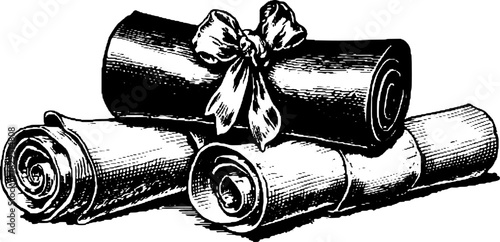 Vintage scrolls with a ribbon, outlined in black and white. Classic vector illustration depicting rolled paper documents in an elegant set.