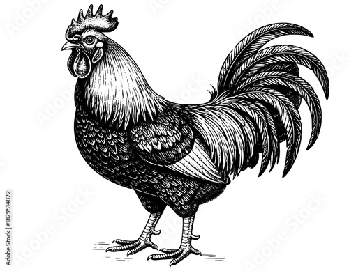illustration hand-drawn rooster black and white