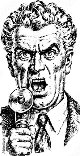 A man shouting while holding a microphone in a vintage illustration style. Black and white vector graphics emphasize emotion, suitable for various design uses.