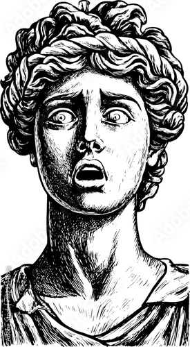 Statue head with expressive human features in detailed grayscale vector illustration. A classical representation of ancient art and craftsmanship.
