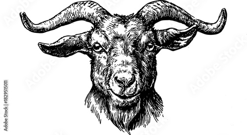 Goat head with curved horns in black and white. Animal vector illustration with detailed fur texture and isolated sketch style.
