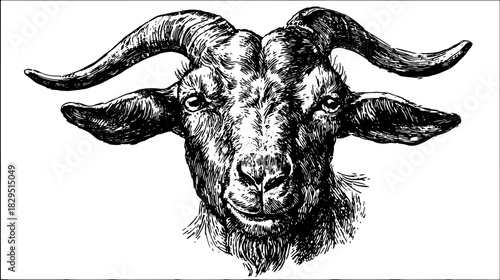 Goat head with large horns in ink sketch style. Black and white animal vector illustration with detailed lines.