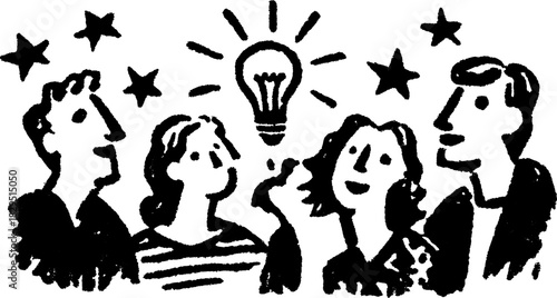 Lightbulb symbolizing ideas with people engaged in creative ideation. Black and white vector illustration depicting interaction in a collaborative set.