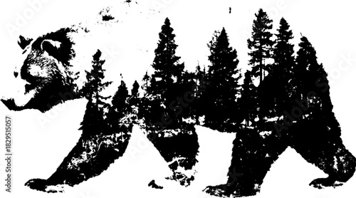 Bear silhouette with a forest landscape within. Black and white vector illustration representing nature and wildlife themes.